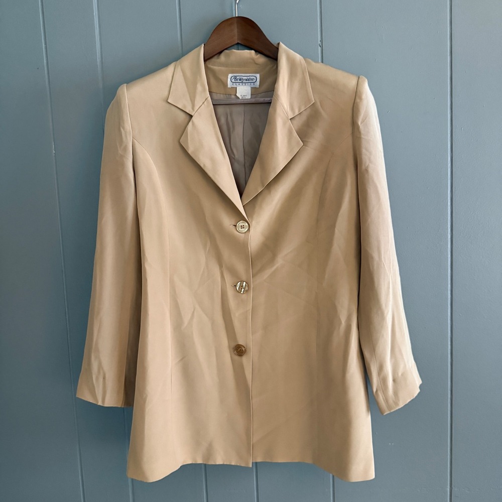 Vintage Bridgewater Classics‎ Womens Silk Blazer M Tan Longline 90s Quiet Luxury